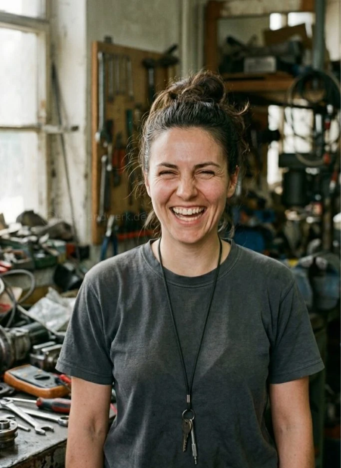 Professional AI-generated portrait of a smiling female craftsperson in her workshop environment.