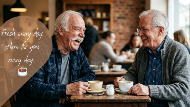Two senior men laughing together in a cozy cafe – AI-generated lifestyle content for retirement planning, care services, or elderly care.