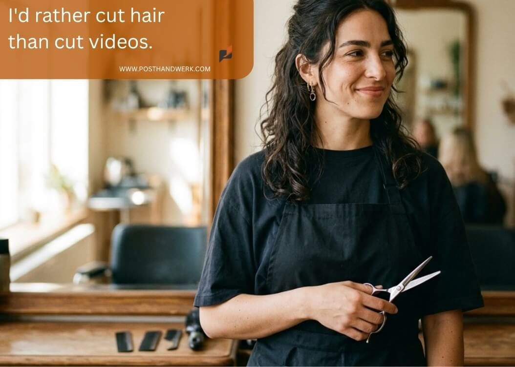 Smiling female hairdresser holding scissors in a salon – AI-generated marketing asset for hair salons and beauty professionals.
