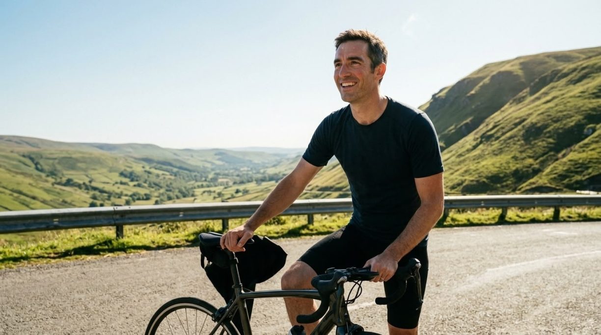 Cyclist taking a break on a scenic mountain road – AI ad image for cycling and travel brands.
