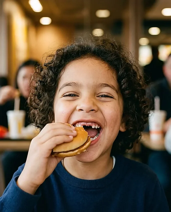 Laughing child biting into hamburger in restaurant – AI-generated image for gastronomy and restaurant brands.