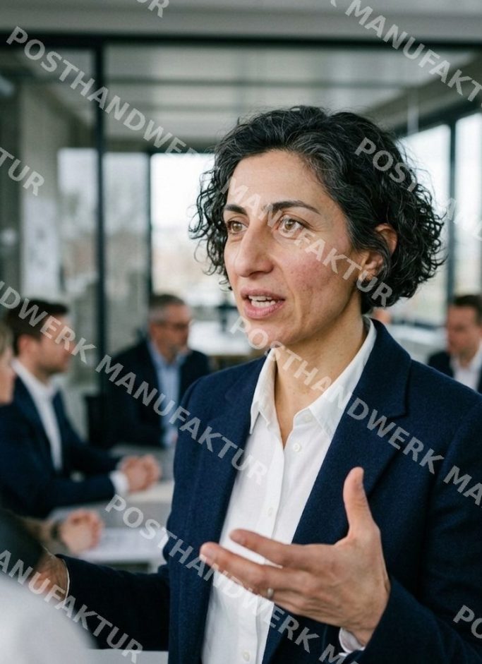 Woman with curly hair speaking in a professional meeting setting, AI- portrait for consulting, business and diversity-focused marketing.