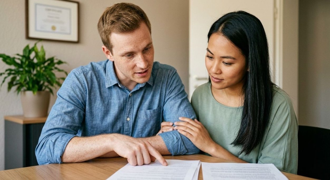 Couple reviewing paperwork together at the table – AI ad image for financial advisory and insurance brands.
