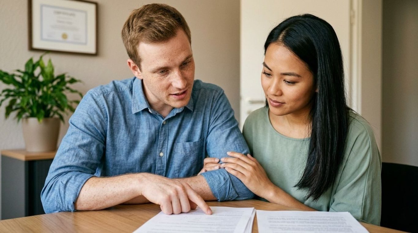 Paar bespricht gemeinsam Unterlagen am Esstisch – KI-Werbebild für Finanzberatung und Versicherungen.