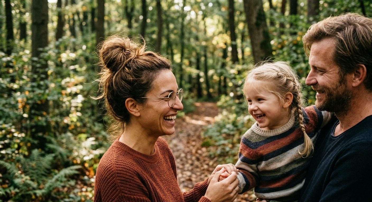 Familie wandert lachend durch den Wald – KI-Werbebild für Familie, Freizeit und Tourismus.