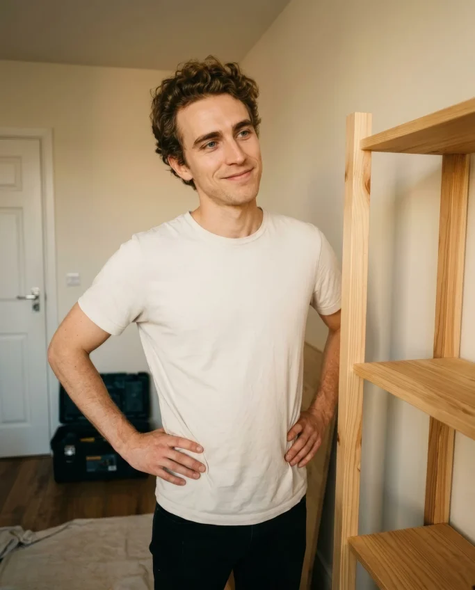 Student standing proudly next to a handmade shelf – AI ad image for trades and furniture making.