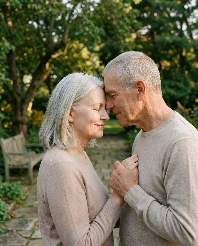 Smiling senior couple embracing in the garden – AI image for elder care, health and retirement planning.