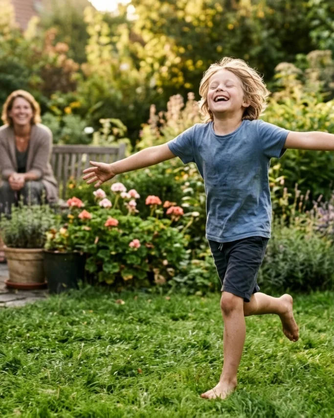 Boy running with arms outstretched through a blooming garden – AI ad image for family and garden brands.