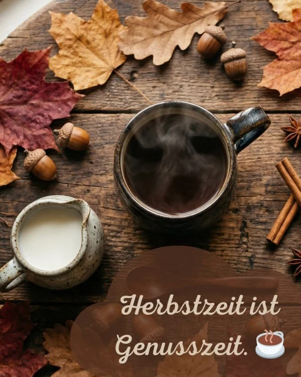 Herbst-Flatlay, Kaffee:
Herbst-Saisonpost, KI-Stimmungsbild für Café und Gastronomie.