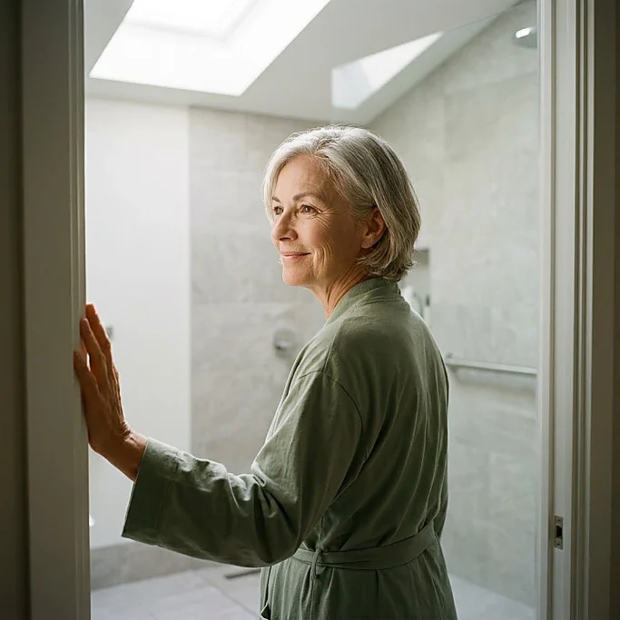 Woman in bathrobe stepping out of spa – AI-generated image for spa, hotel and beauty brands.