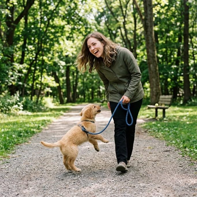 Woman laughing while playing with her puppy in the park – AI ad image for pet supply and dog-training brands.