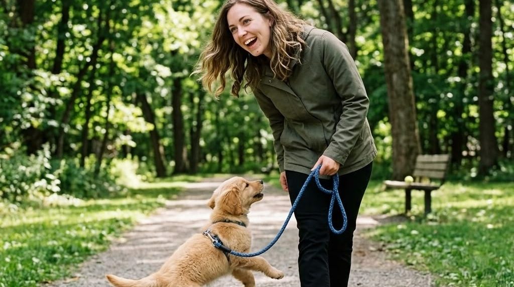 Frau spielt lachend mit ihrem Welpen im Park – KI-Werbebild für Tierbedarf und Hundeschulen.