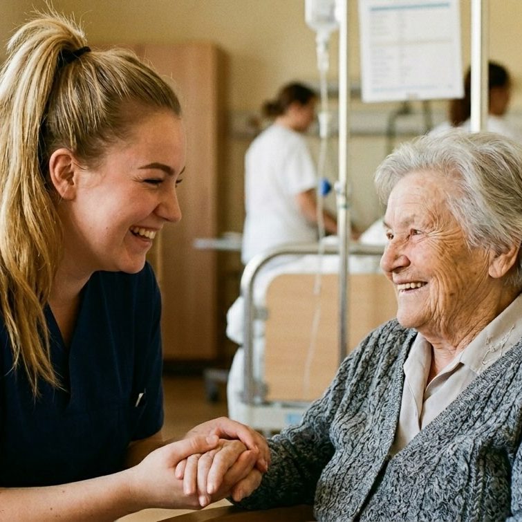 Pflegerin hält Hand von älterer Frau im Krankenhaus – KI-Bild von von Posthandwerk für Pflege, Seniorenheim und Gesundheit.