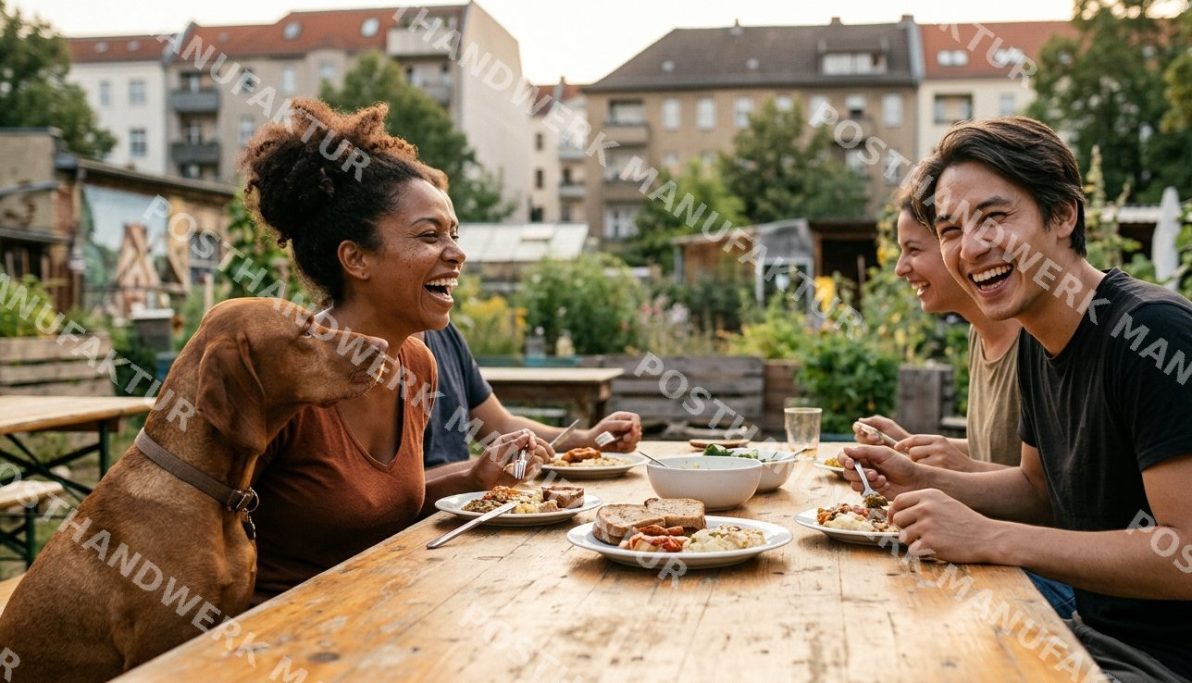 Diverse group of friends laughing over a meal outdoors with a dog, urban garden setting, AI-generated lifestyle image for food, community.