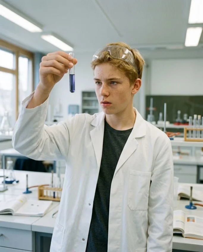 Student examining a test tube in chemistry class – AI ad image for schools and education brands.