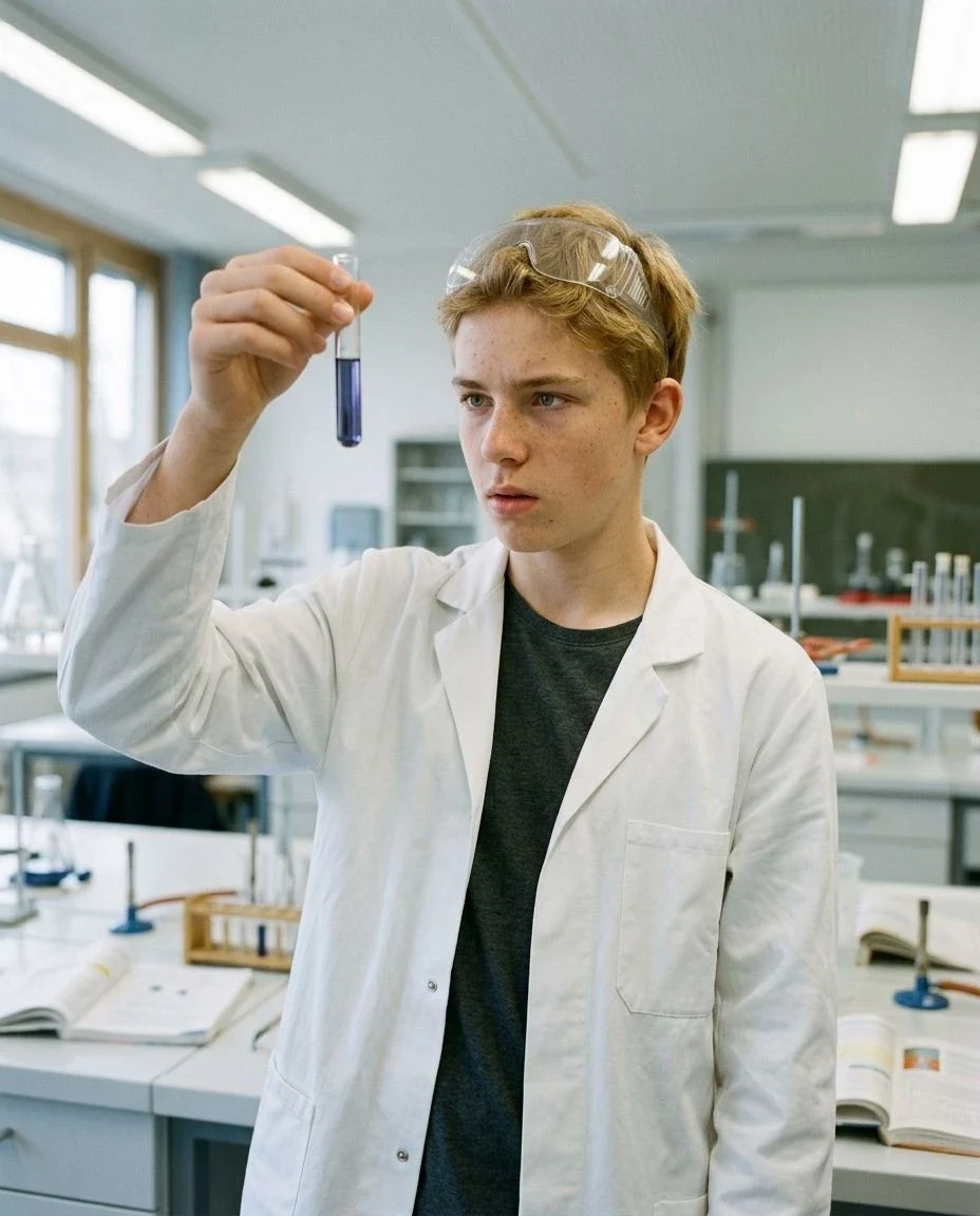 Schüler untersucht ein Reagenzglas im Chemieunterricht – KI-Werbebild für Schulen und Bildung.