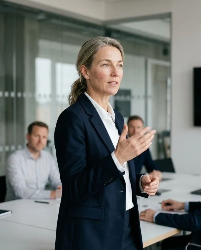Confident Businesswoman during a meeting – AI ad image for B2B and coaching brands.
