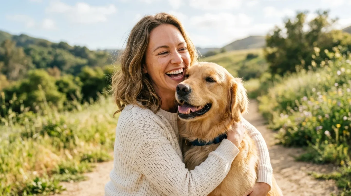 Frau umarmt lachend ihren Golden Retriever im Grünen – KI-Werbebild für Tierbedarf und Haustiere.