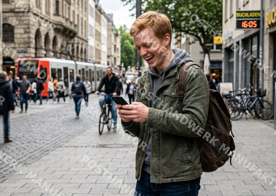 Young redheaded man smiling at his phone on a busy German city street with tram, AI-generated image for retail, app and urban lifestyle.