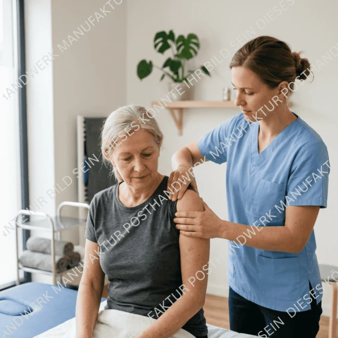 Female physiotherapist treating patient's shoulder, AI image for clinics
and healthcare providers.