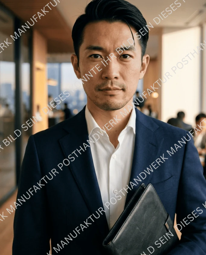 Asian businessman with portfolio, AI portrait for B2B services and
corporate marketing.