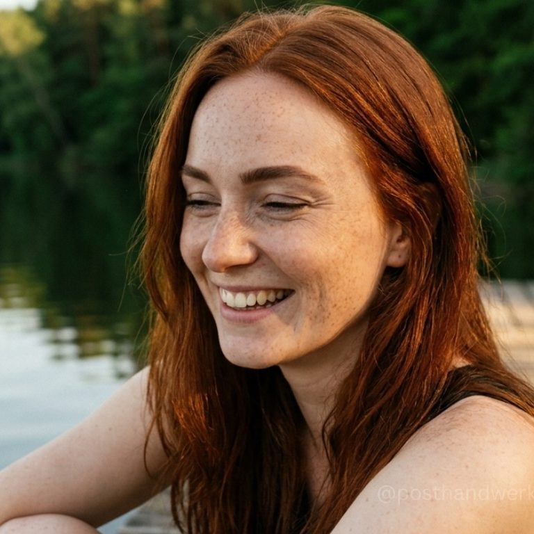 Lächelnde Frau am See im Abendlicht – Beispielbild aus der POSTHANDWERK Bildmanufaktur.