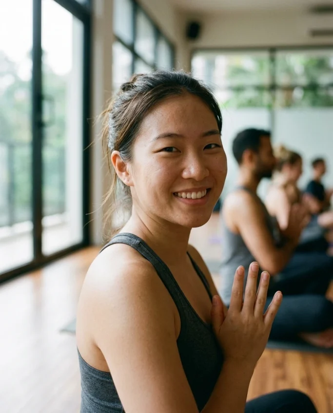 Smiling woman in a yoga class – AI ad image for fitness, yoga and wellness studios.