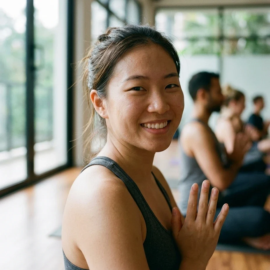 Lächelnde Frau in der Yogastunde – KI-Werbebild für Fitness, Yoga und Wellness.