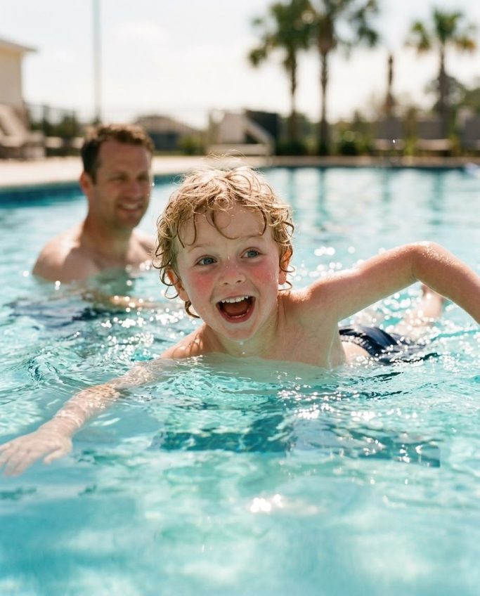 Father and son playing and laughing in the pool – AI ad image for family and swimming pool brands.