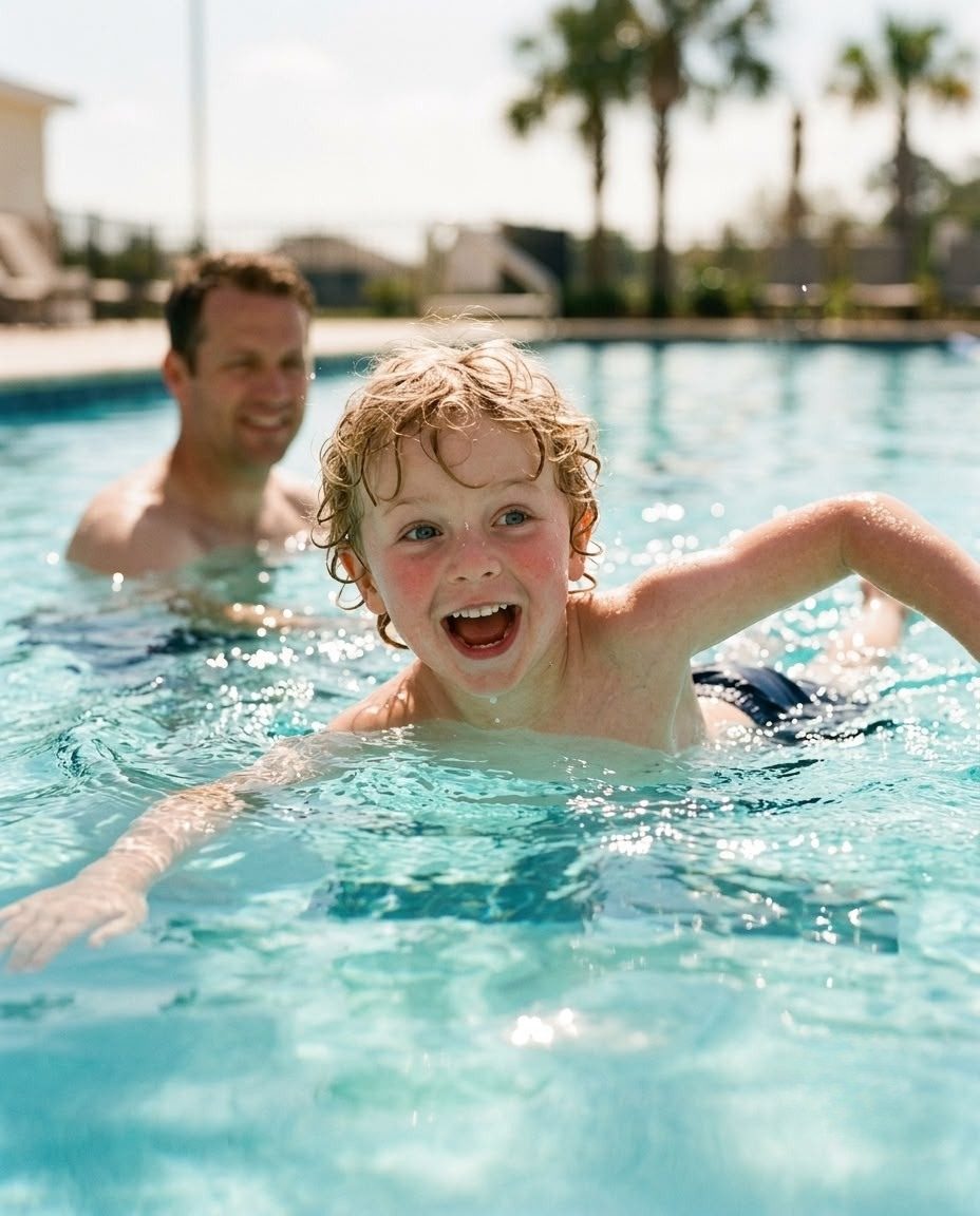 Vater und Sohn spielen lachend im Schwimmbad – KI-Werbebild für Familie und Freizeitbäder.