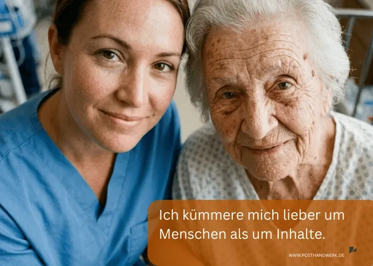 Empathische Pflege und Recruiting: KI-Bild für authentische Mitarbeitergewinnung.