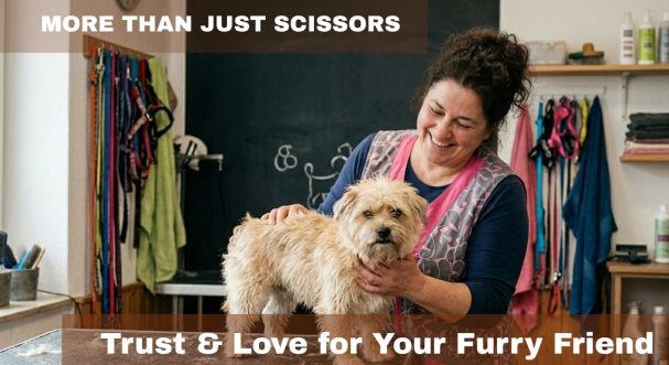 Happy dog groomer cutting a small dog's hair – professional AI-generated visual content for pet care services and grooming salons.