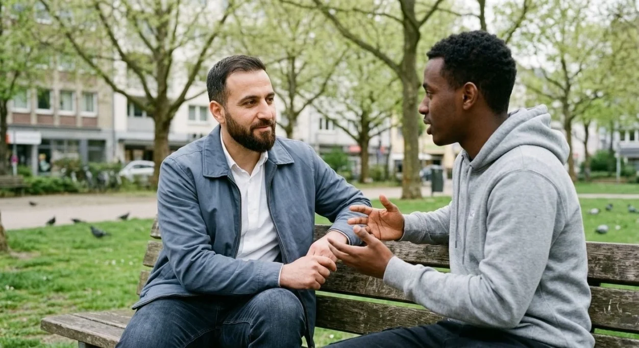 Two men chatting on a park bench – AI ad image for consulting and community/social projects.