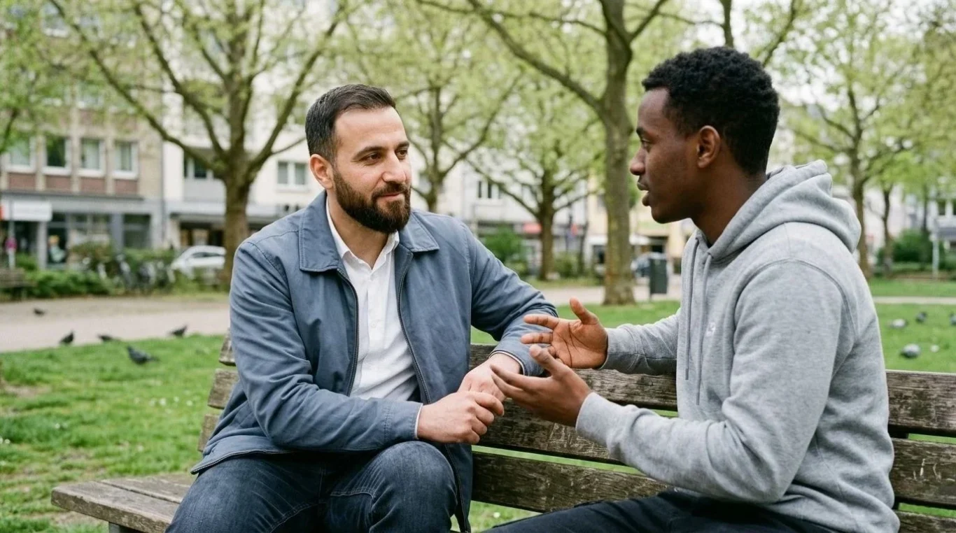 Zwei Männer unterhalten sich auf einer Parkbank – KI-Werbebild für Beratung und soziale Projekte.