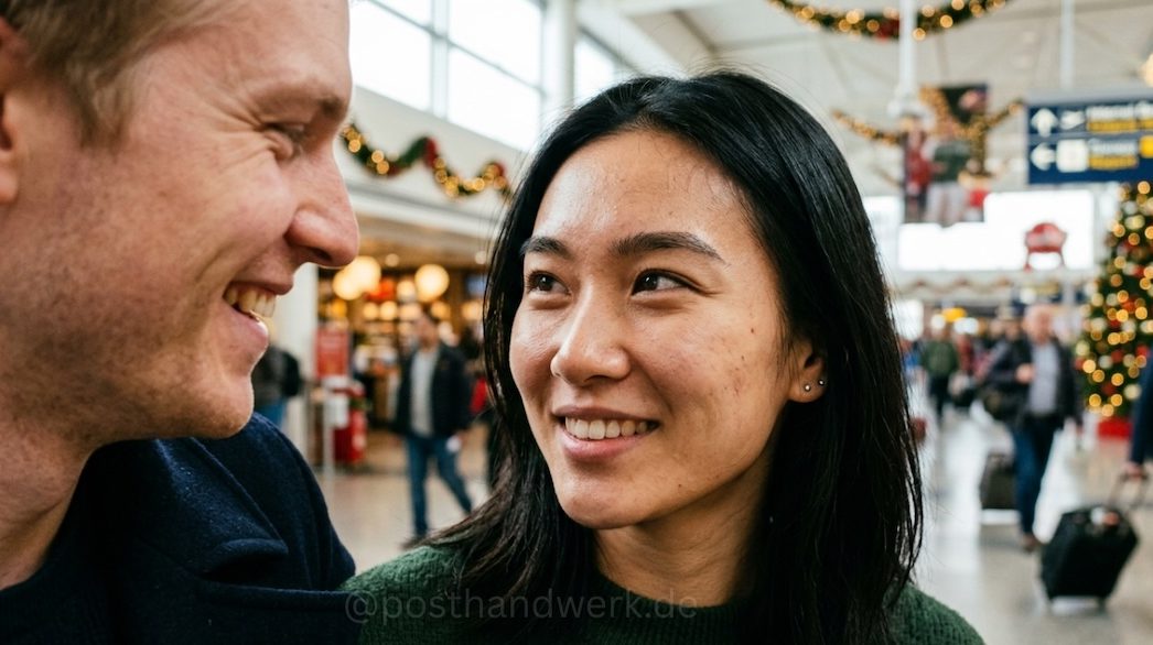 Paar lächelt sich am winterlich dekorierten Flughafen an – KI-Werbebild für Reise und Saison.