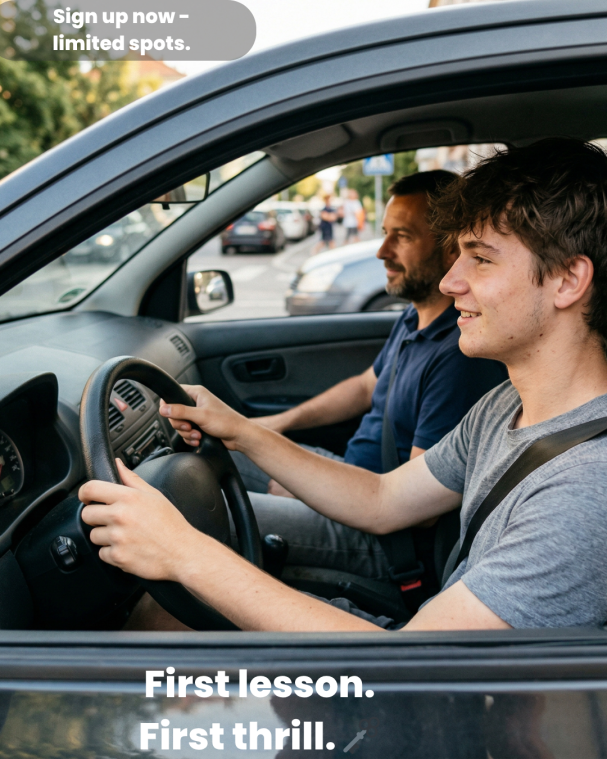 Driving instructor and student in a car – realistic AI-generated marketing content specifically created for driving schools.