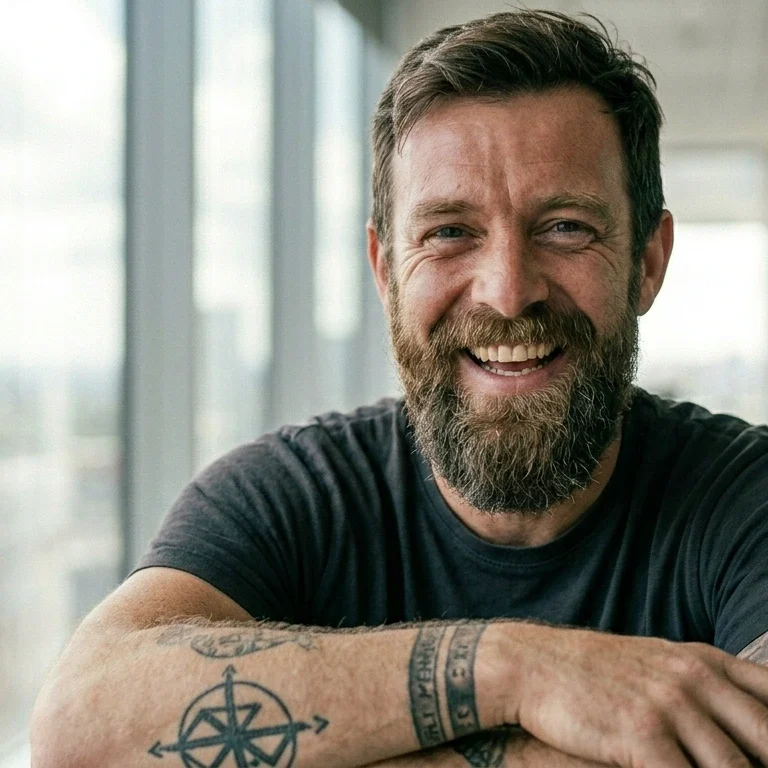 Mann mit Bart und Tattoos lacht herzlich – KI-generiertes Werbebild für Handwerk und Lifestyle.