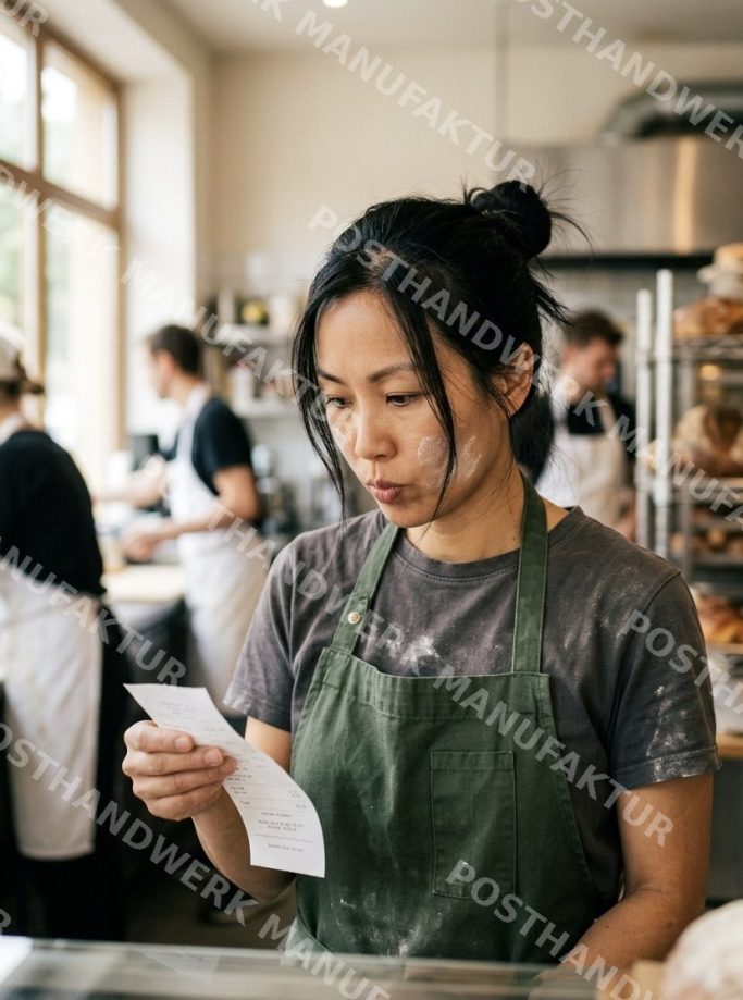 Baker with flour on face in a busy bakery, character image for food industry and gastronomy.