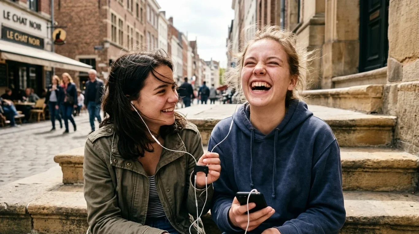 Zwei Freundinnen lachen beim Spaziergang durch die Altstadt – KI-Werbebild für Tourismus und Lifestyle.