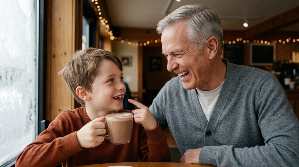 Grandfather and grandson laughing together over mugs of cocoa – AI ad image for family and hospitality brands.