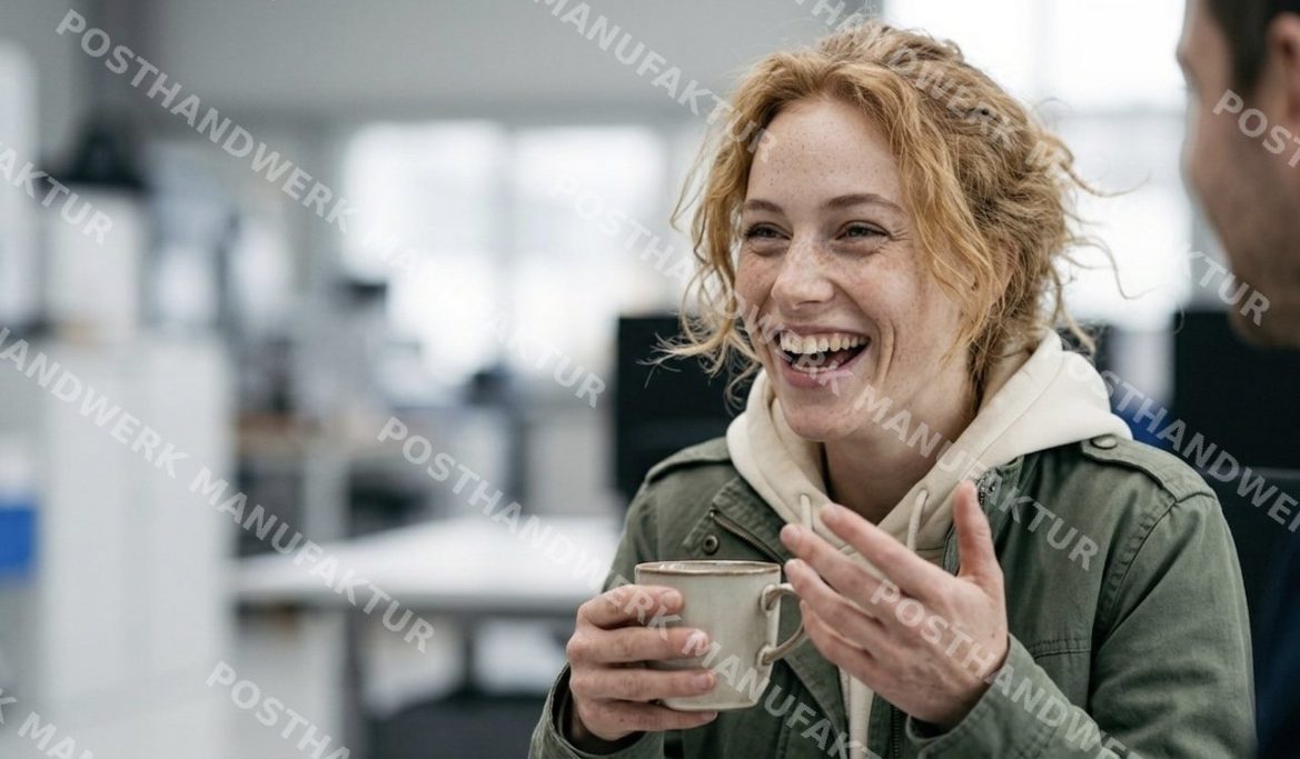 Red-haired woman laughing with coffee mug in an office, character image for business marketing.