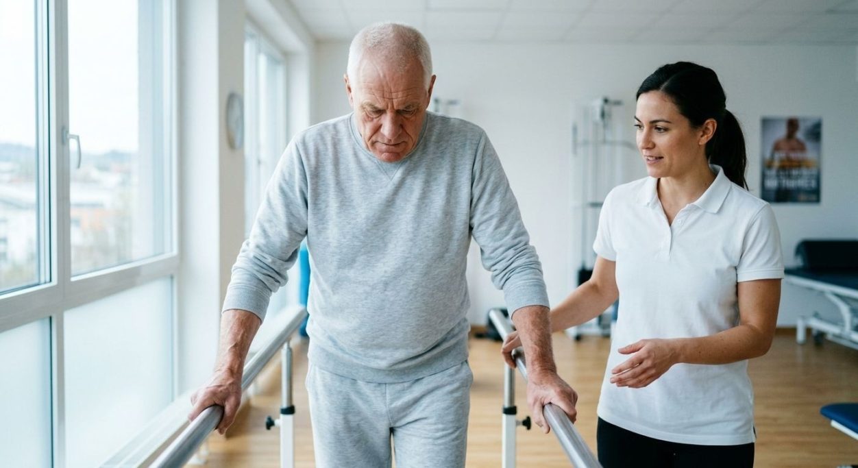 Physiotherapist assisting a senior with walking exercises – AI ad image for physiotherapy and rehabilitation.