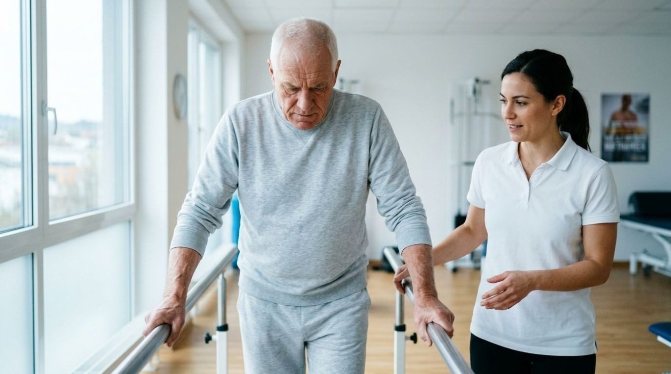 Physiotherapeutin unterstützt Senior beim Gehtraining – KI-Werbebild für Physiotherapie und Reha.