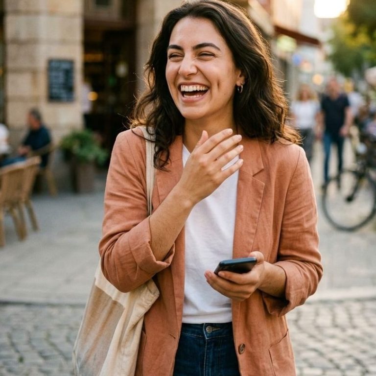 Frau lacht mit Handy auf belebter Stadtstraße – KI-Werbefoto von Posthandwerk für Tourismus, Hotels und Events.