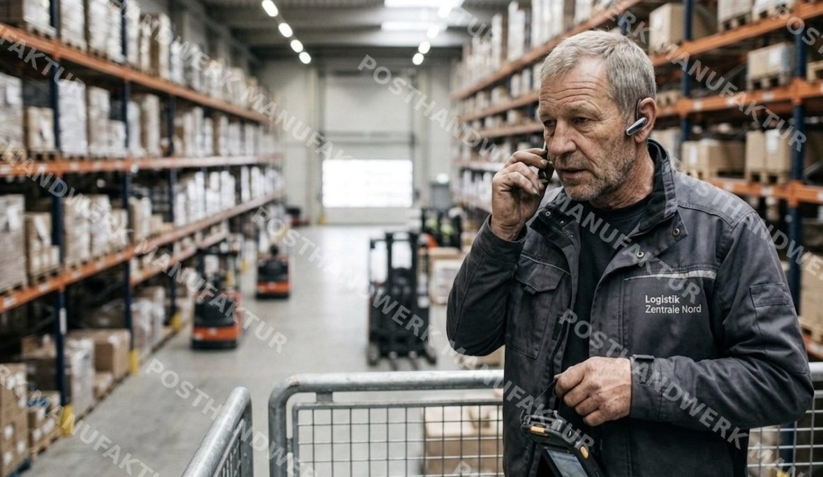 Man with earpiece in a warehouse, character image for logistics, trade and industrial marketing.