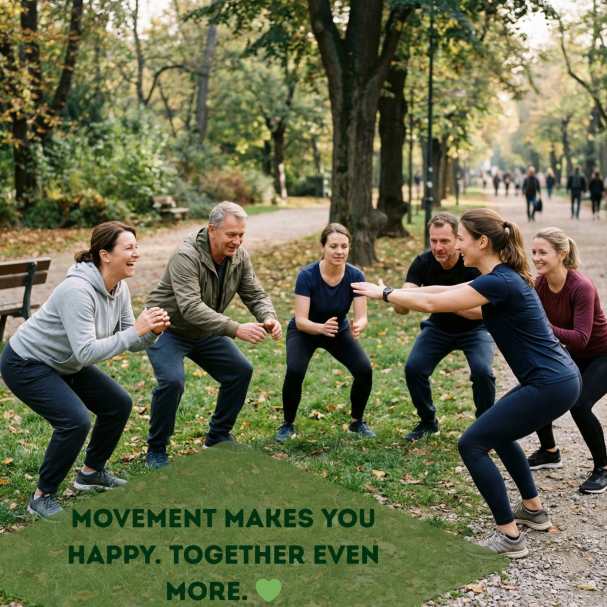 Outdoor group fitness class exercising in a park – dynamic AI-generated visual content for personal trainers, gyms, and sports clubs.