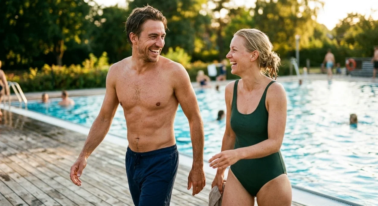 Couple laughing by the pool on holiday – AI ad image for hotels and wellness resorts.