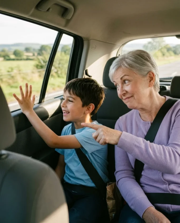 Grandmother and grandson waving from the car window – AI ad image for family and mobility brands.