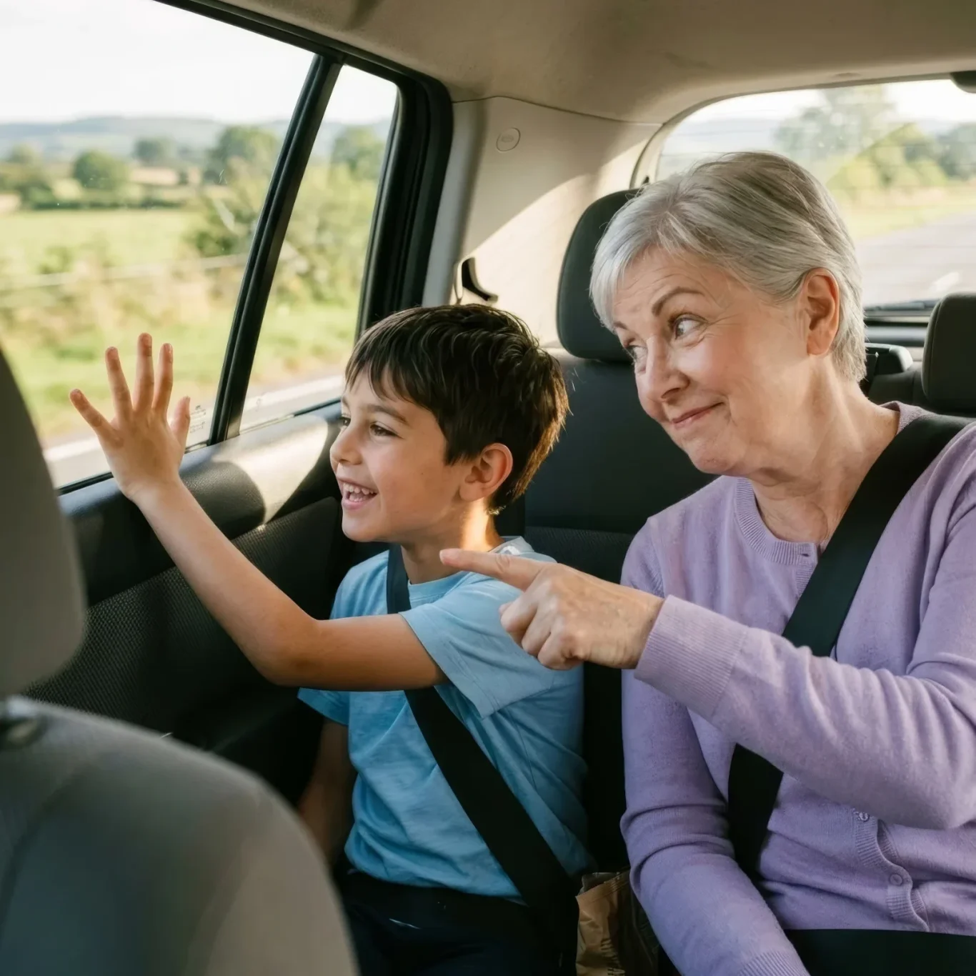 Großmutter und Enkel winken aus dem Autofenster – KI-Werbebild für Familie und Mobilität.