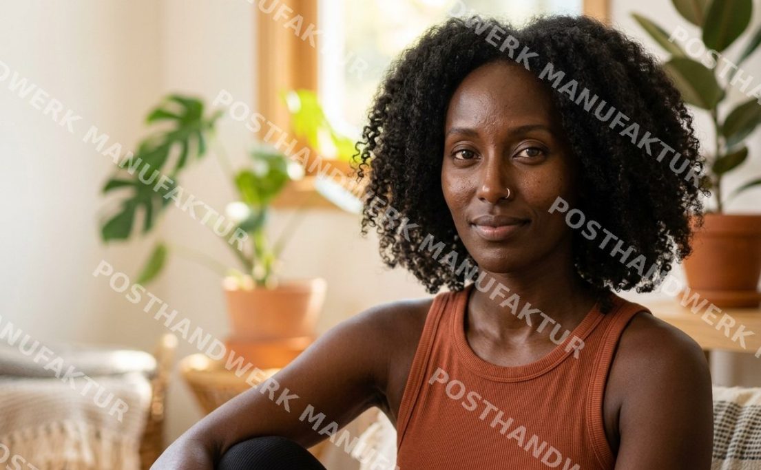 Young Black woman relaxing at home surrounded by plants, AI-generated portrait for wellness, lifestyle and personal branding content.